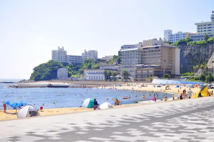 三河湾の穏やかな海と白い砂浜が広がる西浦パームビーチの全景