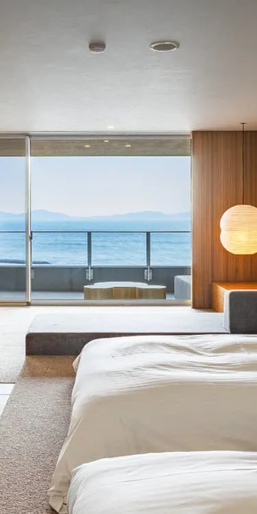 三河湾を一望できる、モダンで開放的な和洋室の風景。