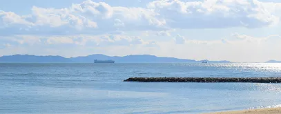 穏やかに波打つ青い三河湾。遠くの水平線には貨物船がゆっくりと進み、幾重にも重なる山並みと白い雲が広がる、静かな海の風景。