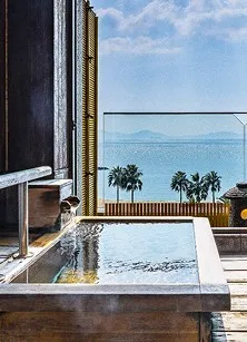 客室のテラスに設えられた、木造りの露天風呂。湯船からは、ガラス越しに青い海とヤシの木が立ち並ぶ海岸線を一望できます。