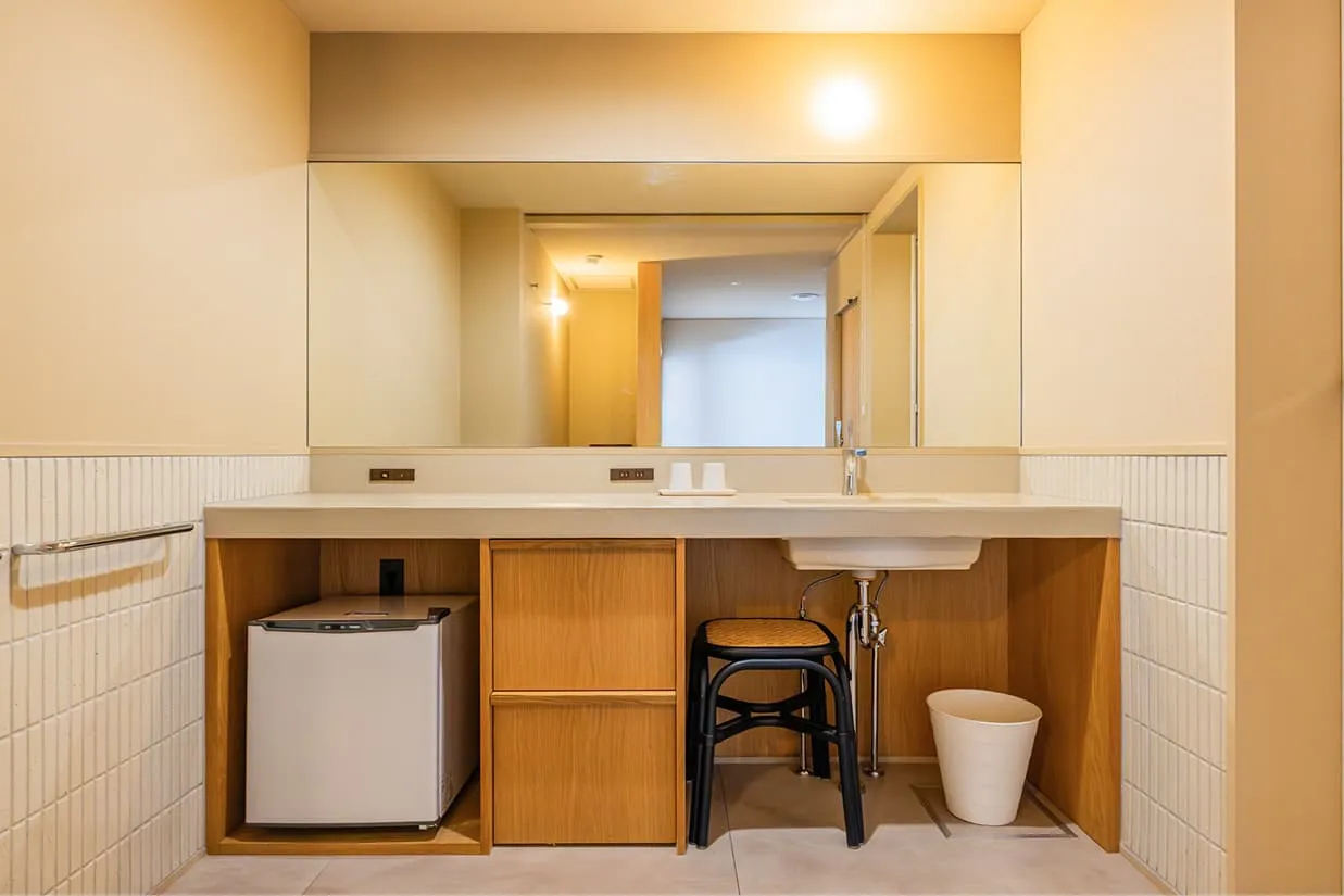 横幅の広い鏡が特徴的な洗面・パウダースペース。白を基調とした天板に洗面ボウルがあり、足元には黒いスツール、木製の収納棚、小型冷蔵庫が機能的に収まっています。暖色のライトに照らされた、清潔感のある落ち着いた空間です。