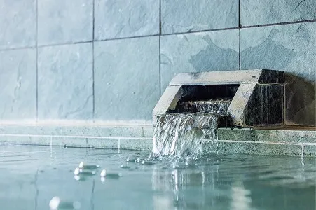 石造りの湯口から、透明で清らかなお湯がたゆまず湯船へと注がれています。