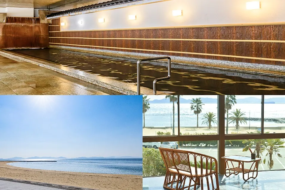 上部には広々とした石造りの内湯、左下には青い海が広がる西浦パームビーチの砂浜、右下には海を望む休憩スペースが並んだ組み合わせ写真。